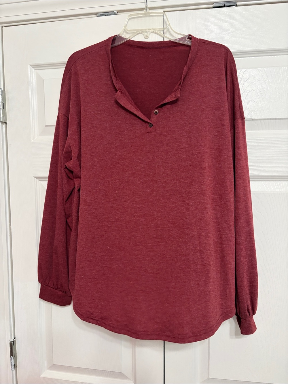 Relaxed Henley Long-Sleeve Top in Maroon